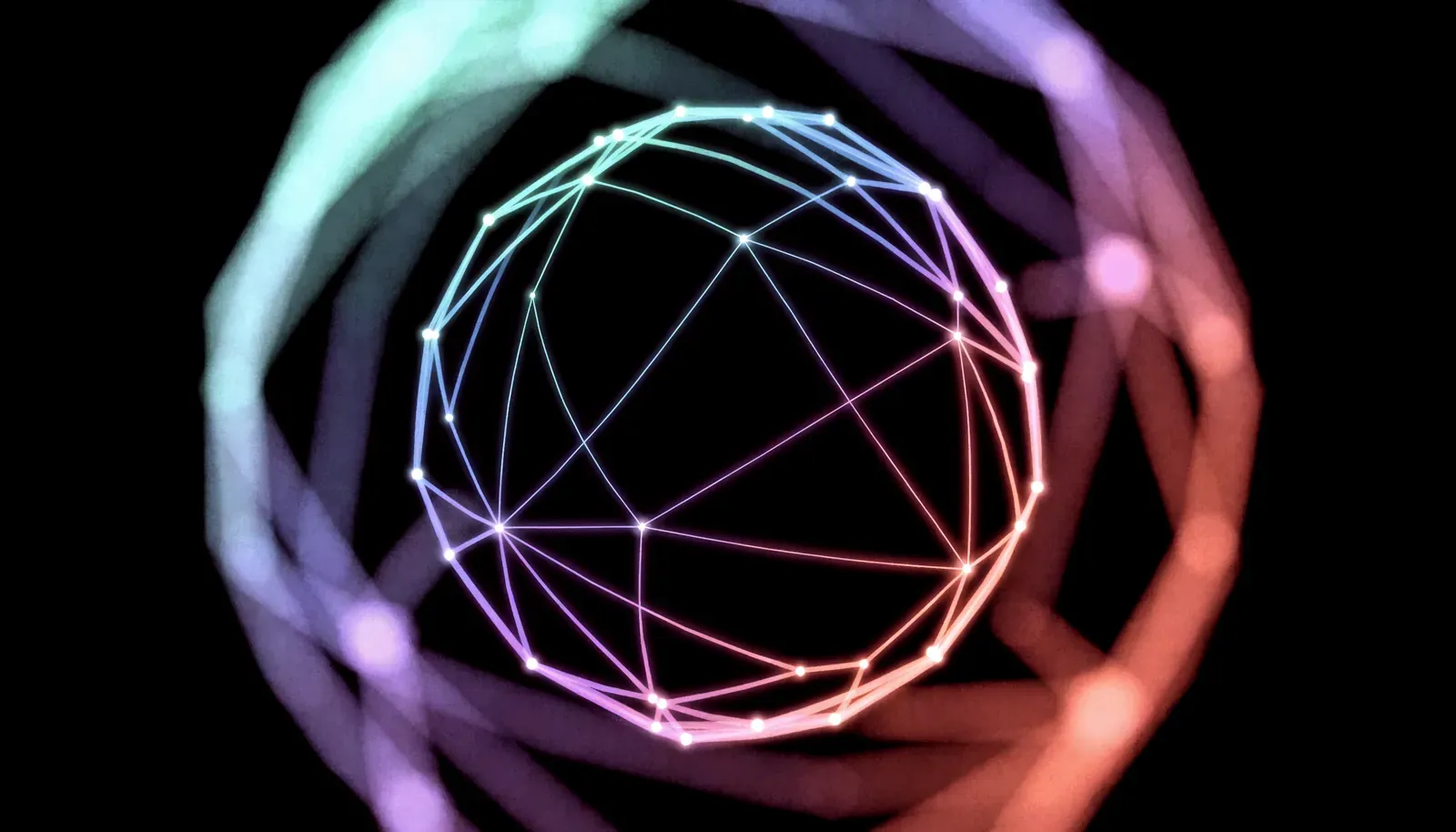 Représentation abstraite du Cortex : une sphère filaire de nœuds lumineux reliés entre eux, mémoire centrale de l'entreprise.