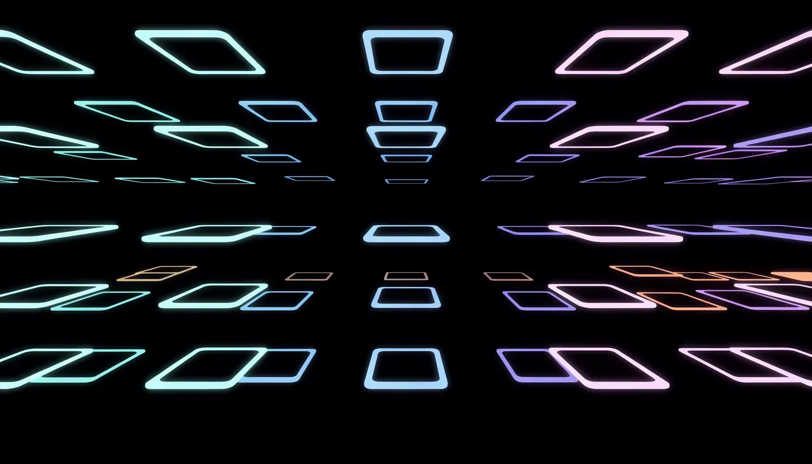 Grille de cartes lumineuses flottant à plusieurs profondeurs, chaque carte figurant une question de dirigeant déjà documentée.
