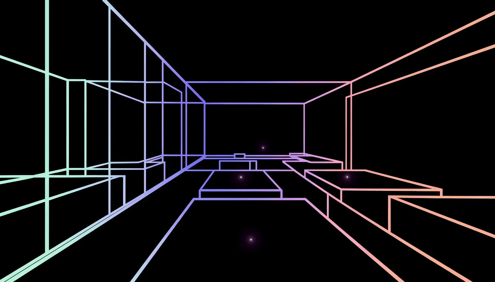 Plan filaire d'un espace de travail vu en perspective : les postes, les tables et les circulations dessinés en lignes lumineuses.
